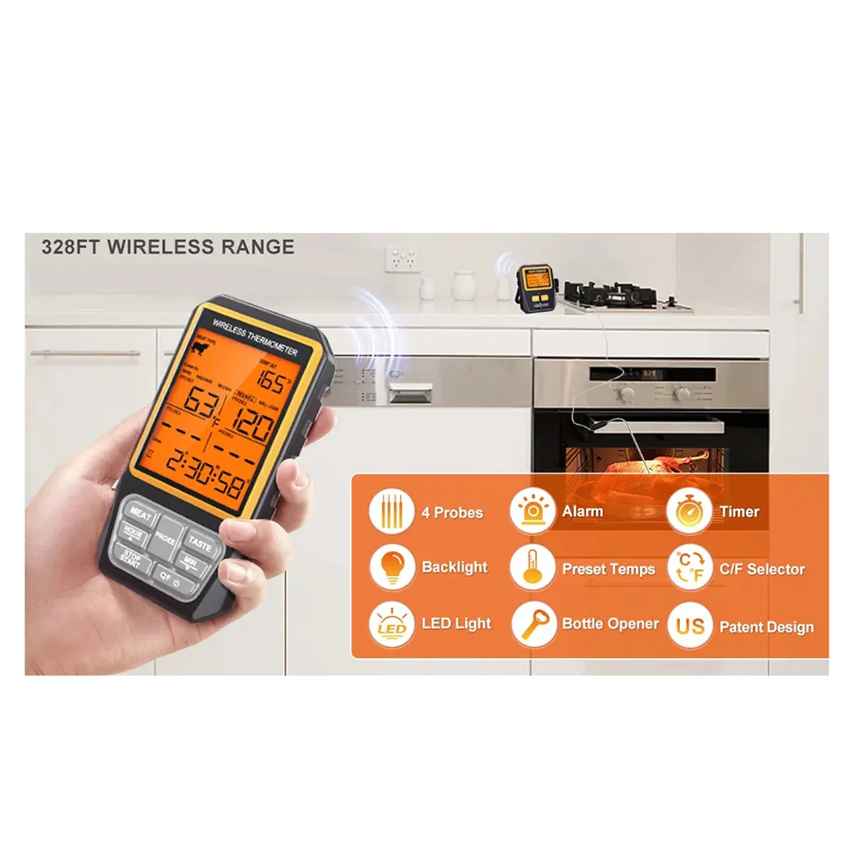 ABYC Termometro per carne wireless da 328 piedi per grigliare, affumicatore, forno per barbecue, termometro digitale da cucina per alimenti con allarme timer a 4 sonde