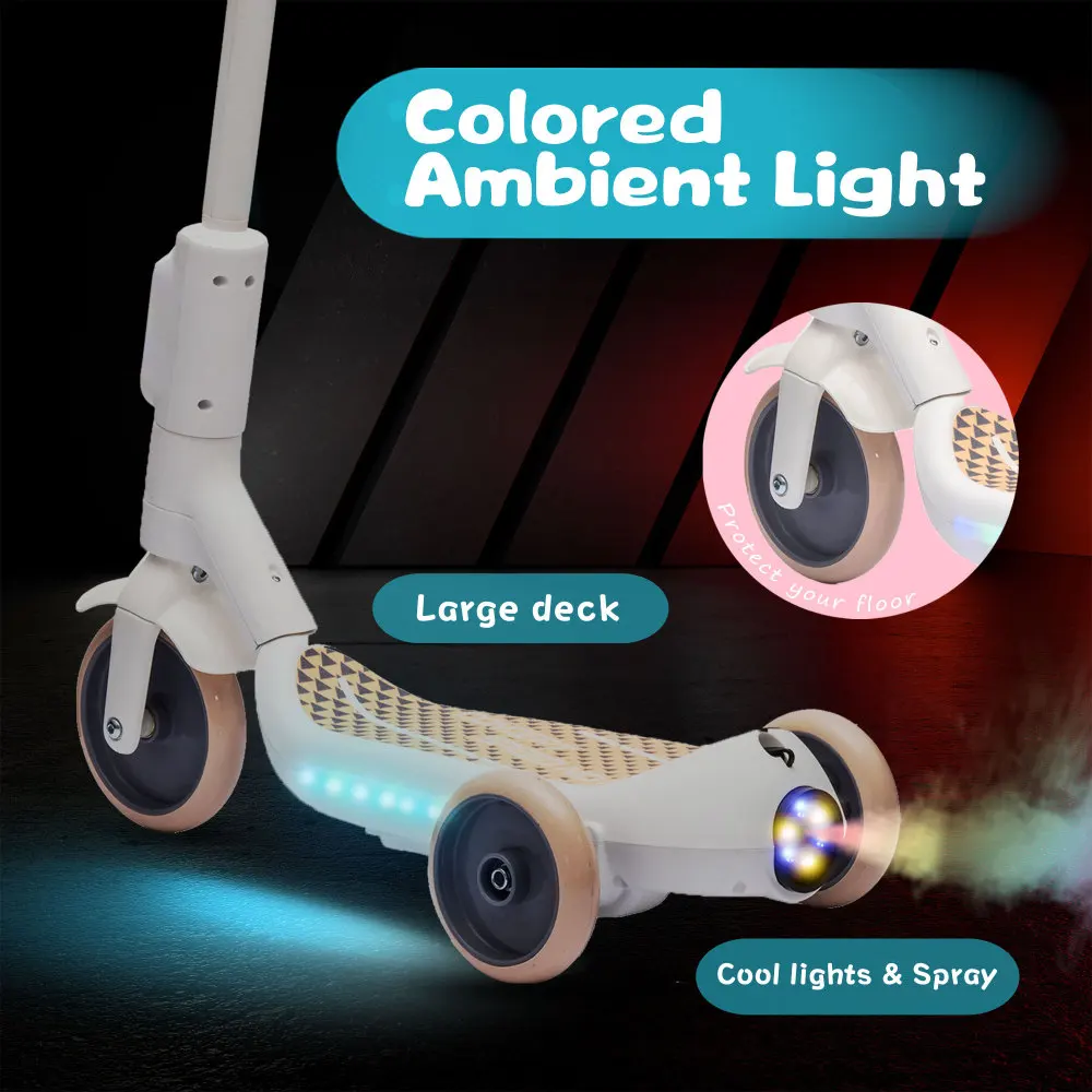 2in1 キッズライドオン三輪バランス電動スクーターおもちゃ（子供用、スプレー機能付き、幅広ペダル、独立型ライトスイッチ、3歳以上向け）