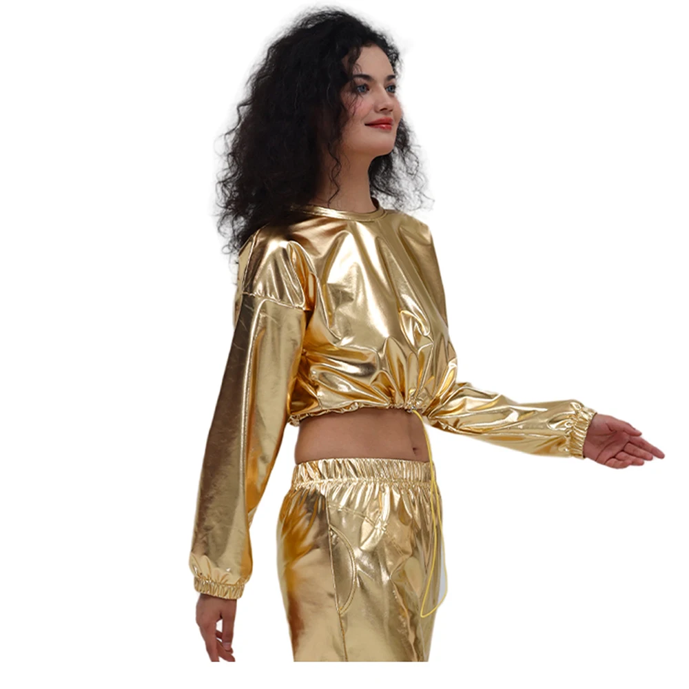 Женские блестящие лазерные укороченные топы с капюшоном и длинными рукавами из металлической искусственной кожи в стиле хип-хоп, костюм для танцев на пилоне, уличная одежда, дискотека, вечеринка для взрослых