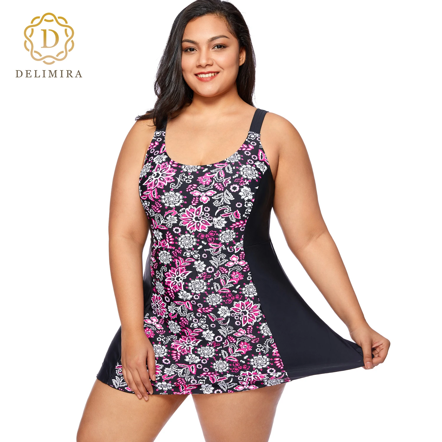 DELIMIRA Women\'s Swimwear Modest Swimdress Plus Size One Piece Swimsuit Floral Skirted With Light Padded Cup Quick Dry