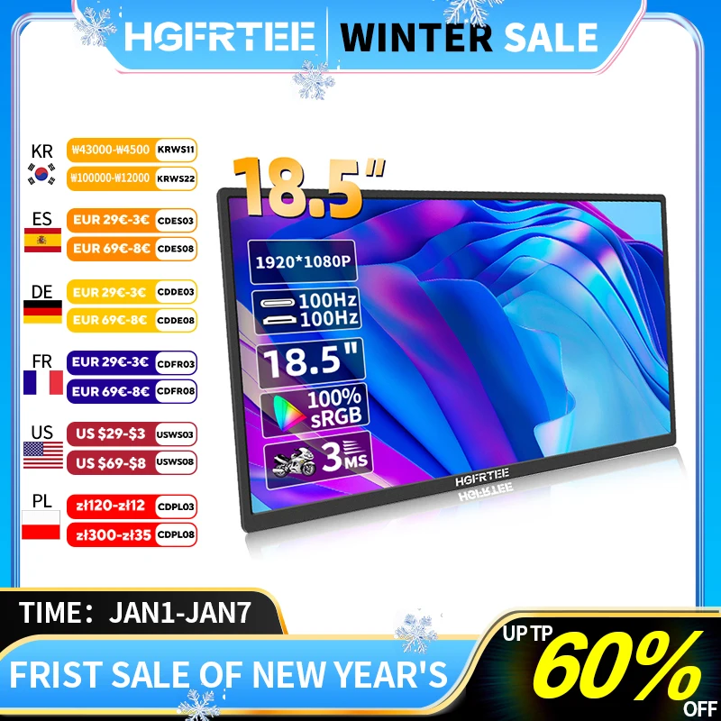 HGFRTEE 18.5inch Portable Monitor 100Hz RGB100% With VESA Hole & Back bracket Laptop Extended Display ADS-IPS HDR Screen