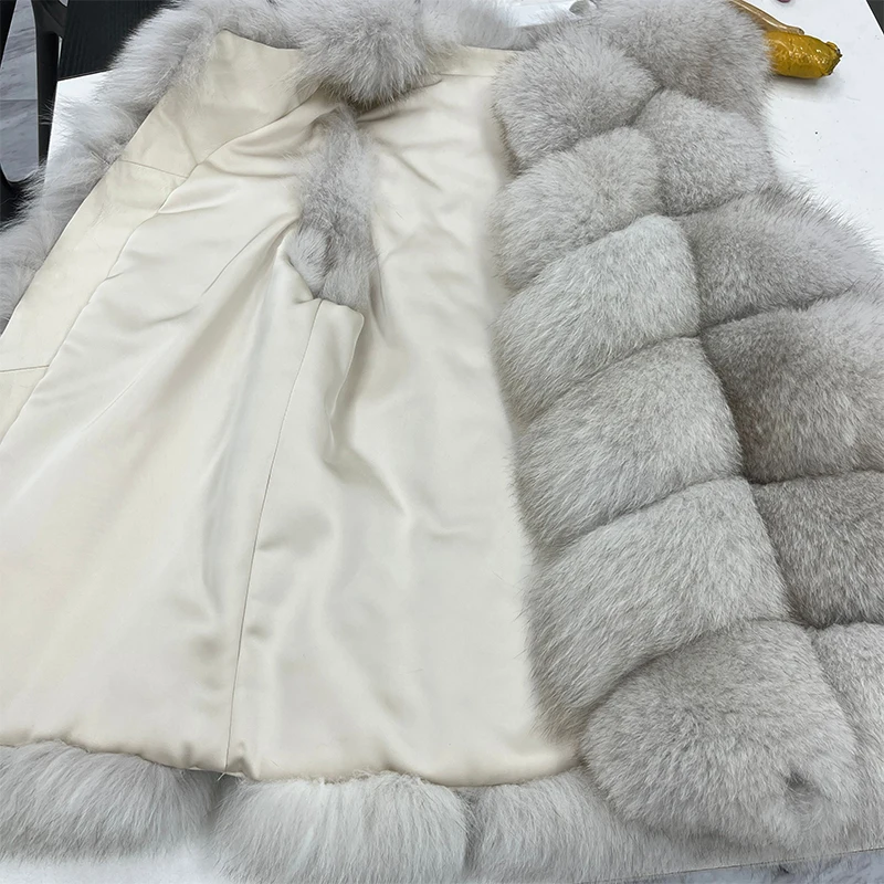 2025 New Autumn Winter Women's Natural Fox Fur Vest Thick Mid Length Real Fur Waistcoat Luxury Female Jacket