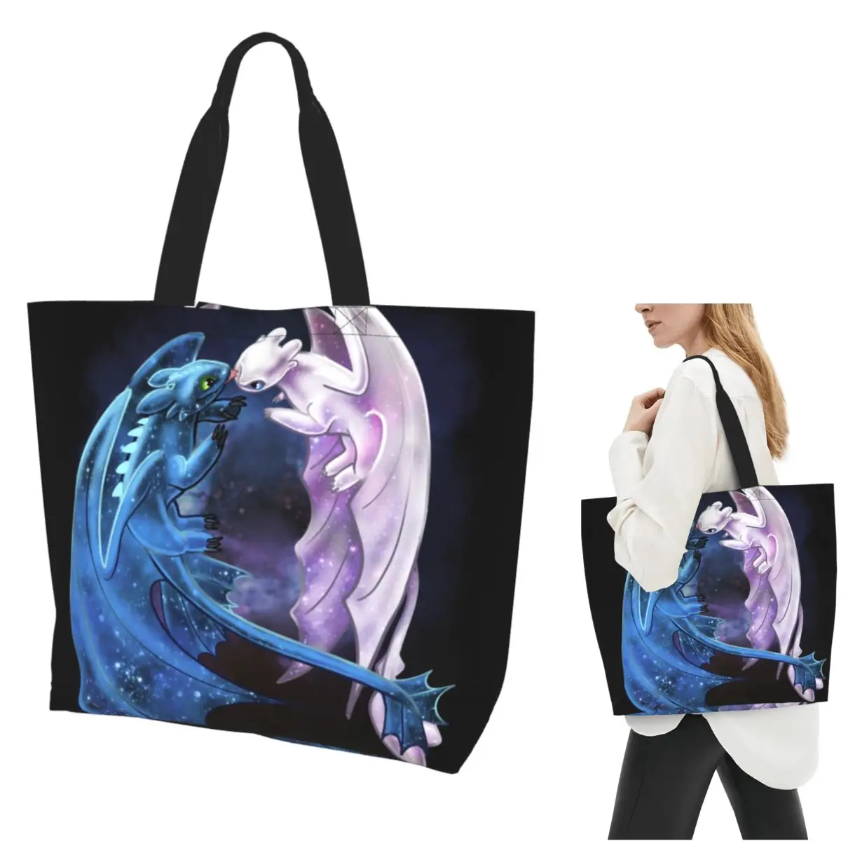 

Dragon Heart Starry Dragons Toothless And Light Fury Shopping Tote Bag Canvas Shoulder Bags Shopper Grocery Handbag for Women