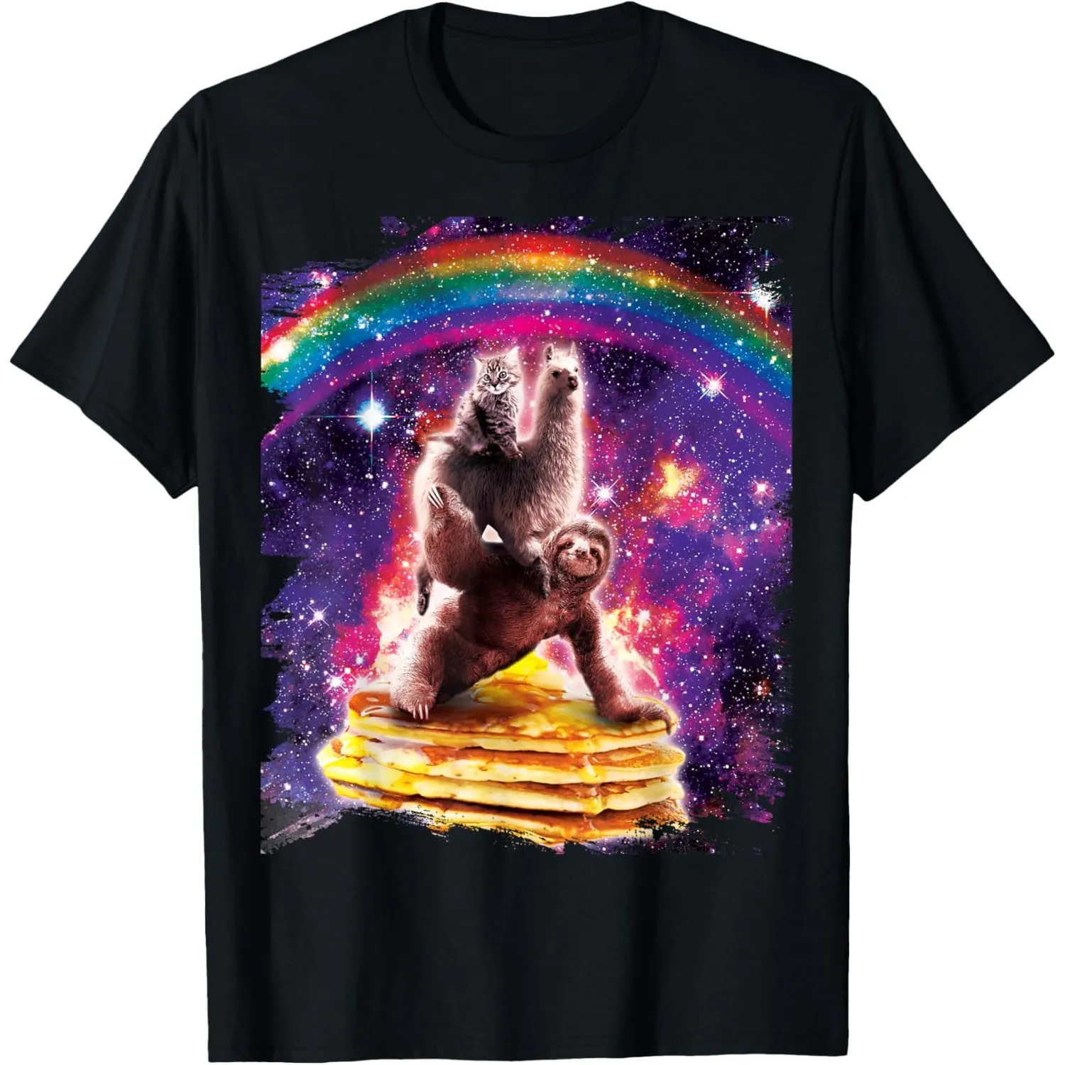 Space Sloth Llama Cat Riding Pancakes Graphic Tee Men S Casual Cotton T-Shirt