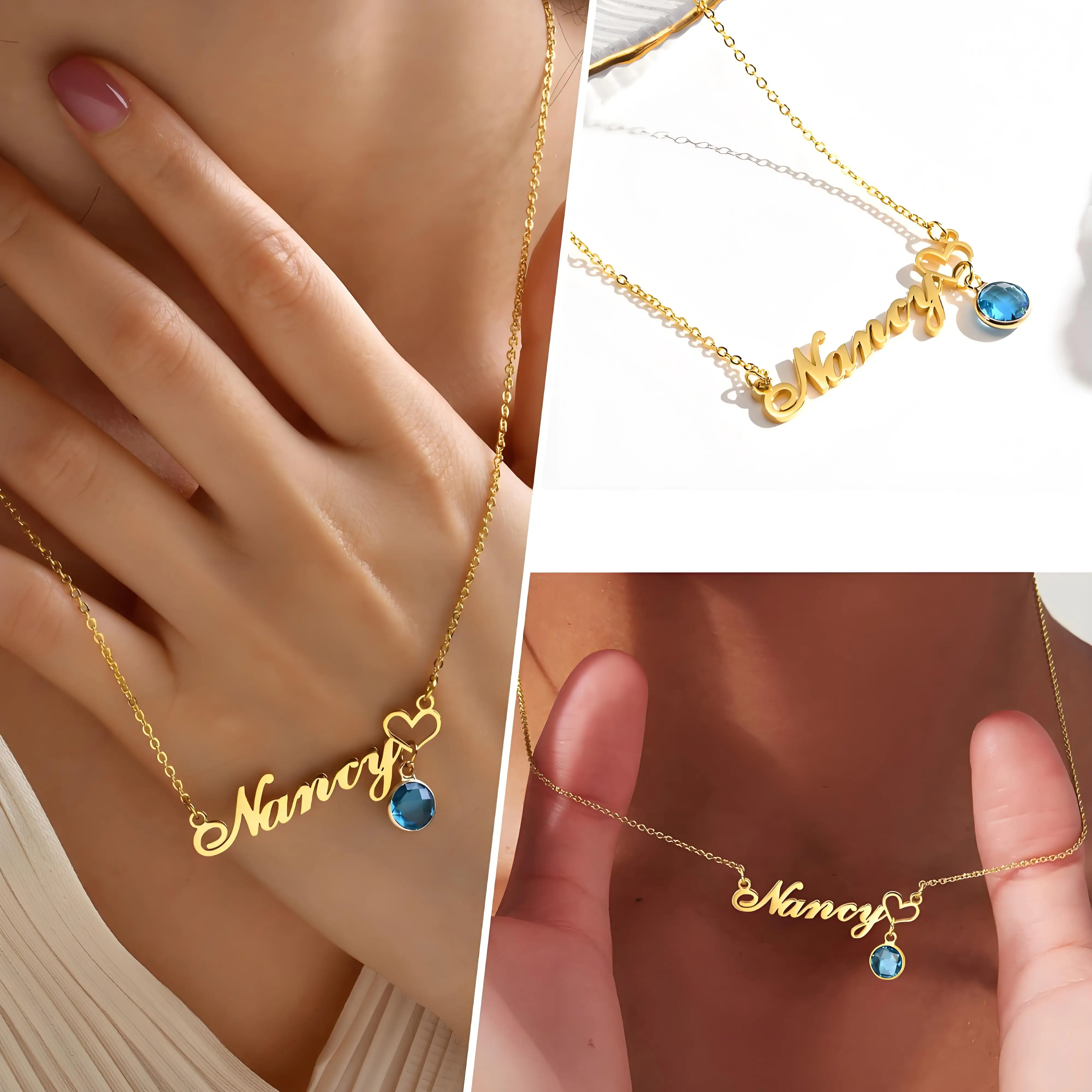 Custom Gold - Tone Name Necklace with Monthly Birthstone Options, Handmade Jewelry for Her, Perfect Gift for Anniversaries