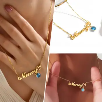 Custom Gold - Tone Name Necklace with Monthly Birthstone Options, Handmade Jewelry for…
