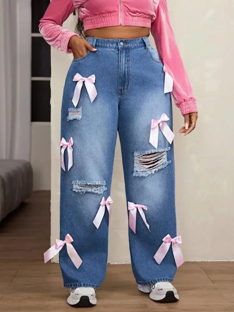 

2026 Y2K Bow Detail Baggy Jeans Women High Waist Stretchy Casual Comfort Stylish Daily Must-Have Denim Trousers