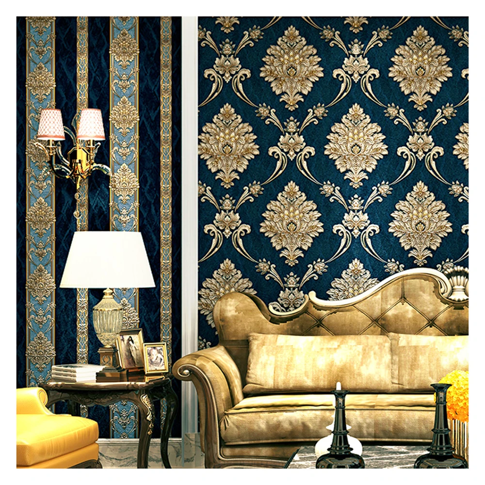 beibehang European-style luxury Damascus dark blue wallpaper living room bedroom beauty salon European-style red wall paper