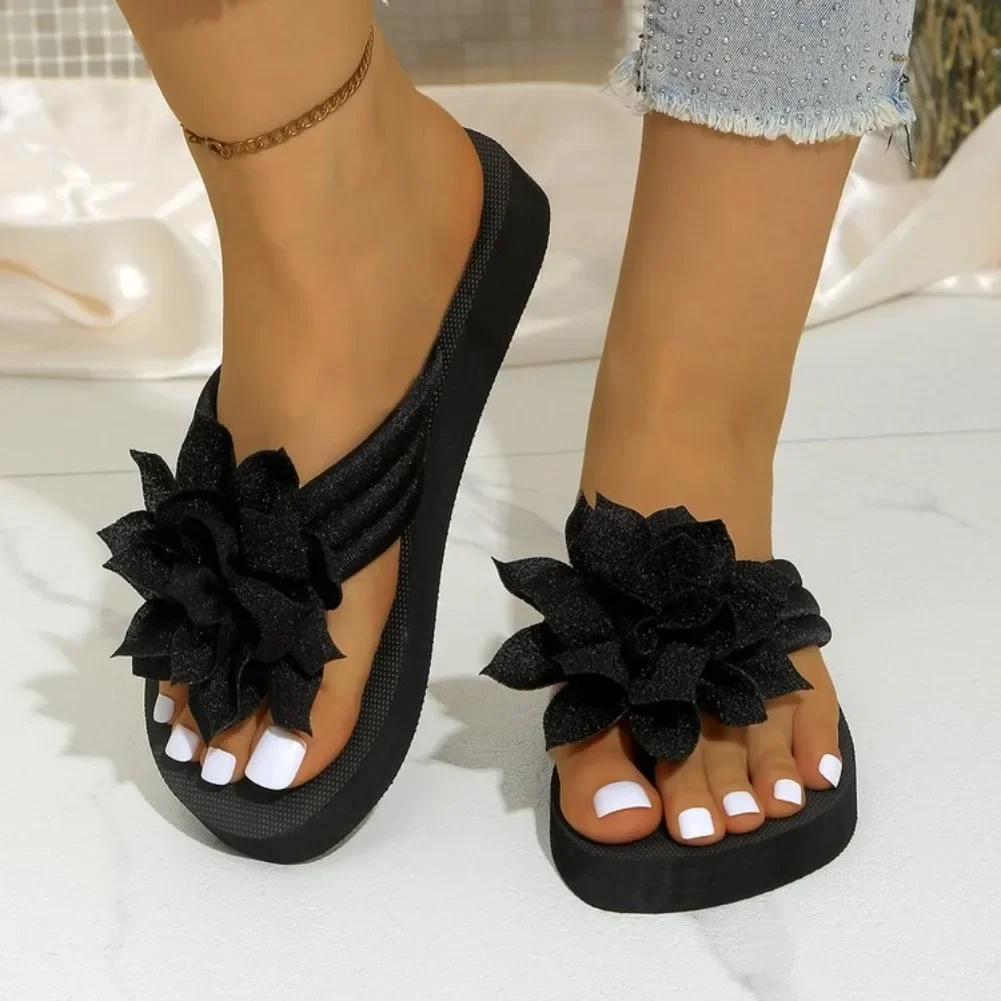 Women's Floral Flip Flops SlipOn Vacation Style Mid Heel Sandals Fabric Upper EVA Sole Insole Solid Color Summer Casual Footwear