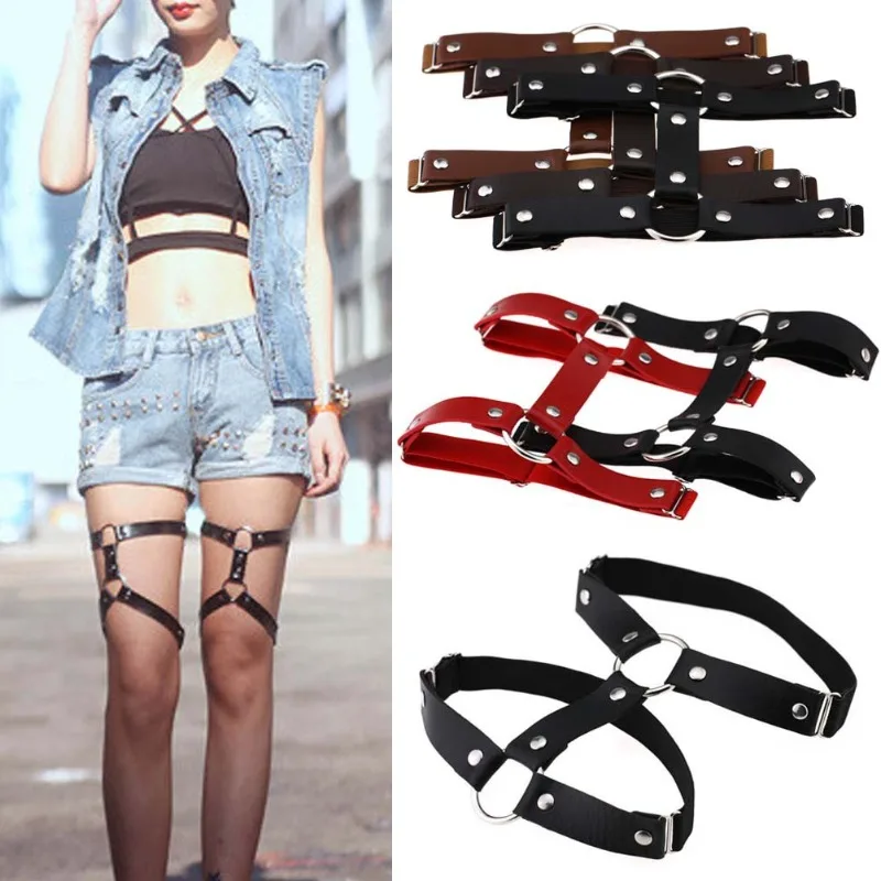 Female Sexy Harajuku PU Leather Garter Belt Pu Punk Elastic Harness Leg Strap Goth Stocking Leglet Belt Garters Suspender Girl