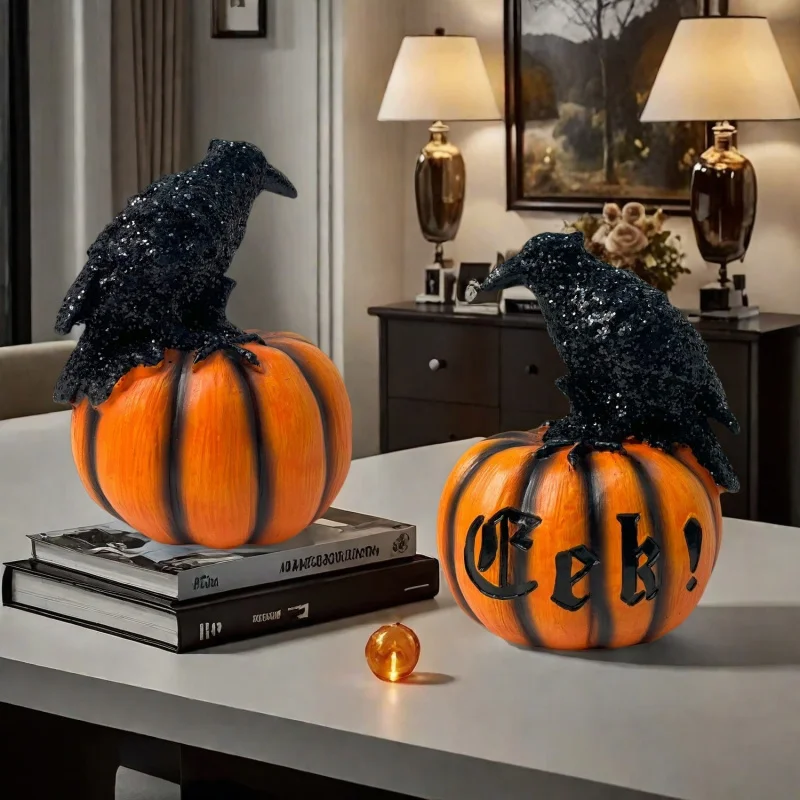 Crow and Pumpkin Statue Decorative Item for Festival Party Decoration for Home Desktop Resin Artwork Decorative Piece