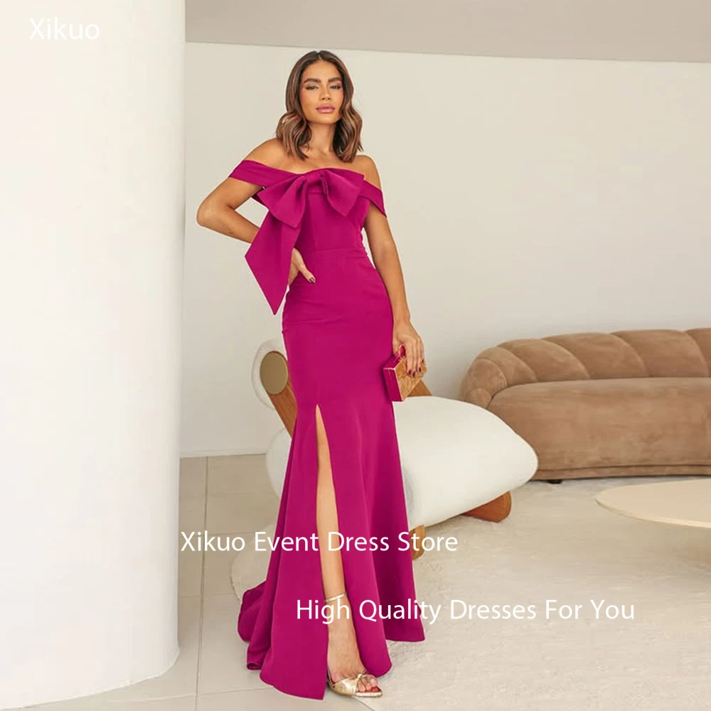 

Xikuo Elegant Fuchsia Satin Bow Evening Gown Off The Shoulder Vestidos De Fiesta Mermaid Side Slit Prom Party Dress Customized