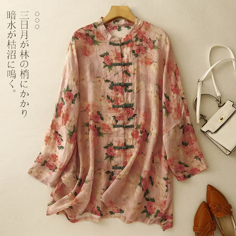 Cotton Linen Vintage Women\'s Shirt Summer Printed Clothing Sales Loose Long Sleeve Korean Tops Chinese Style Women Blouses