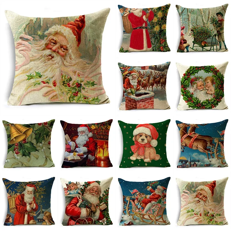 Christmas Throw Pillow Covers 40/45/50cm Santa Sending Presents Xmas Reindeer Sleigh Throw Pillowcase for Sofa Couch Home Decor