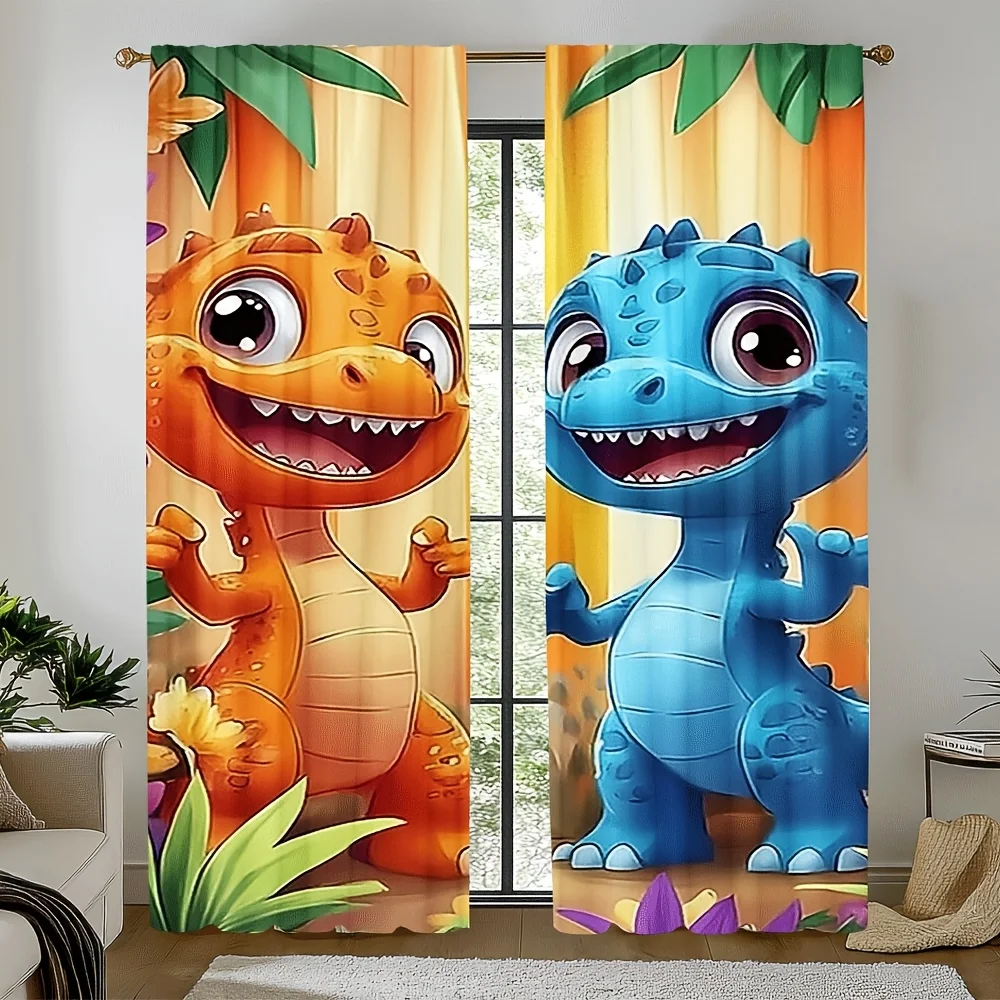 Smiling Baby Dinosaur Jungle Window Curtains 2 Panels, Bright Tropical Palm Leaf Floral Drapes for Little Boys Playroom Room