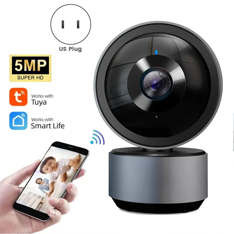 Telecamera IP Tuya da 5 MP WIFI Tuya Smart Home Visione notturna HD Audio bidirezionale Monitoraggio automatico Cloud Telecamera Smart Home, Spina americana facile da usare
