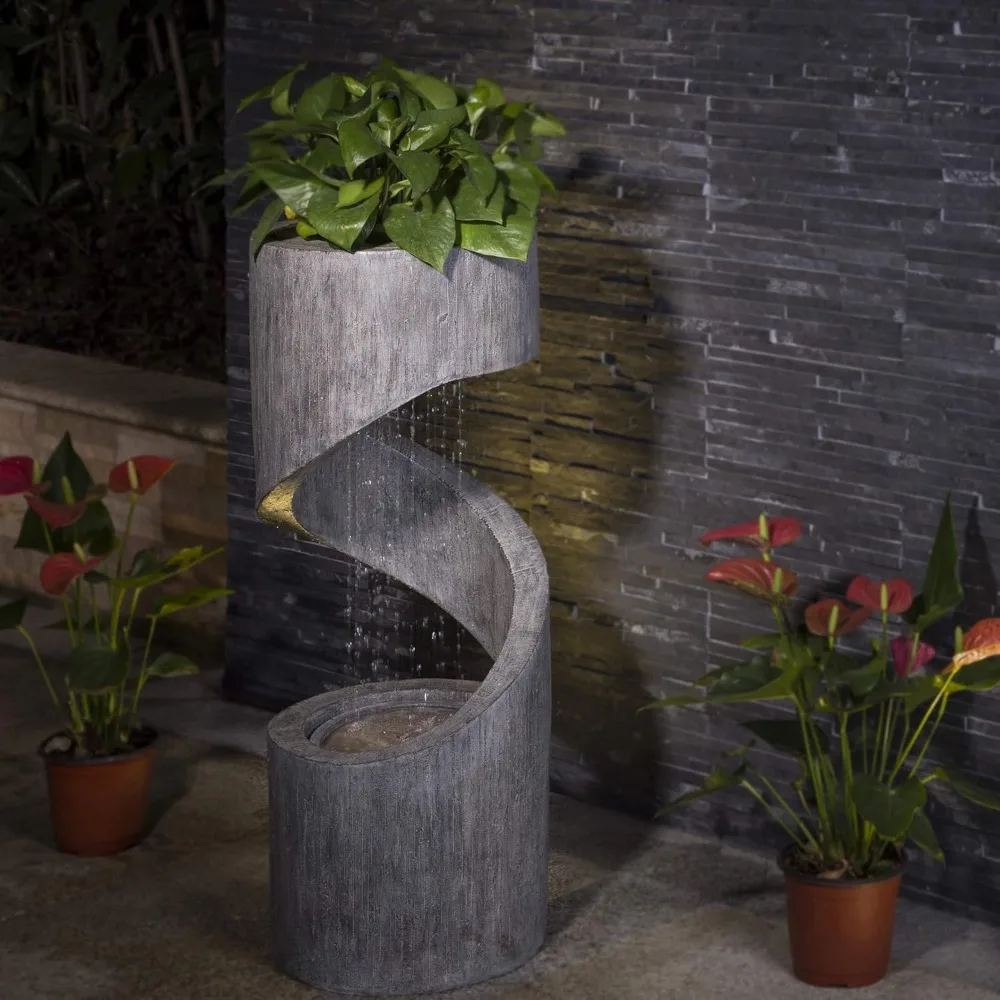 Decorative Tiered Outdoor Water Fountain with LED Light, Curved Waterfall Fountain with Stone Planter, Patio Water Fountain