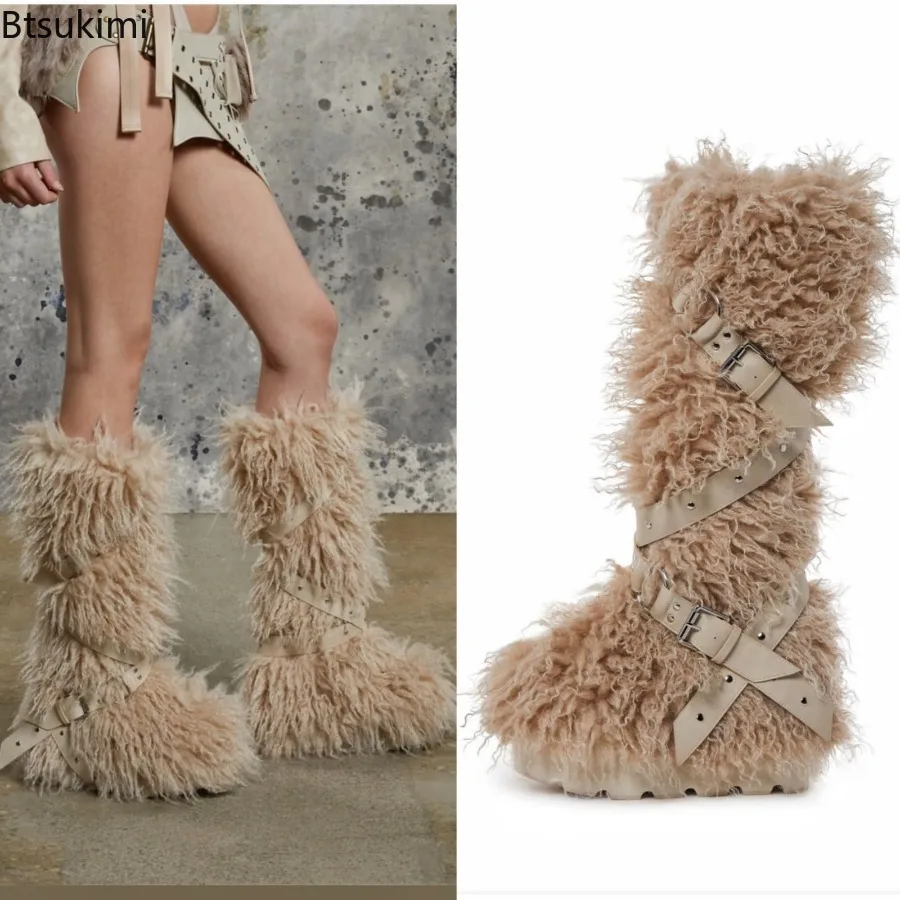 Belt Buckle Furry Ankle Boots Platform Warm Winter Thick Bottom Round Toe Solid Color Slip-On Fashion Concise Sexy Women Shoes