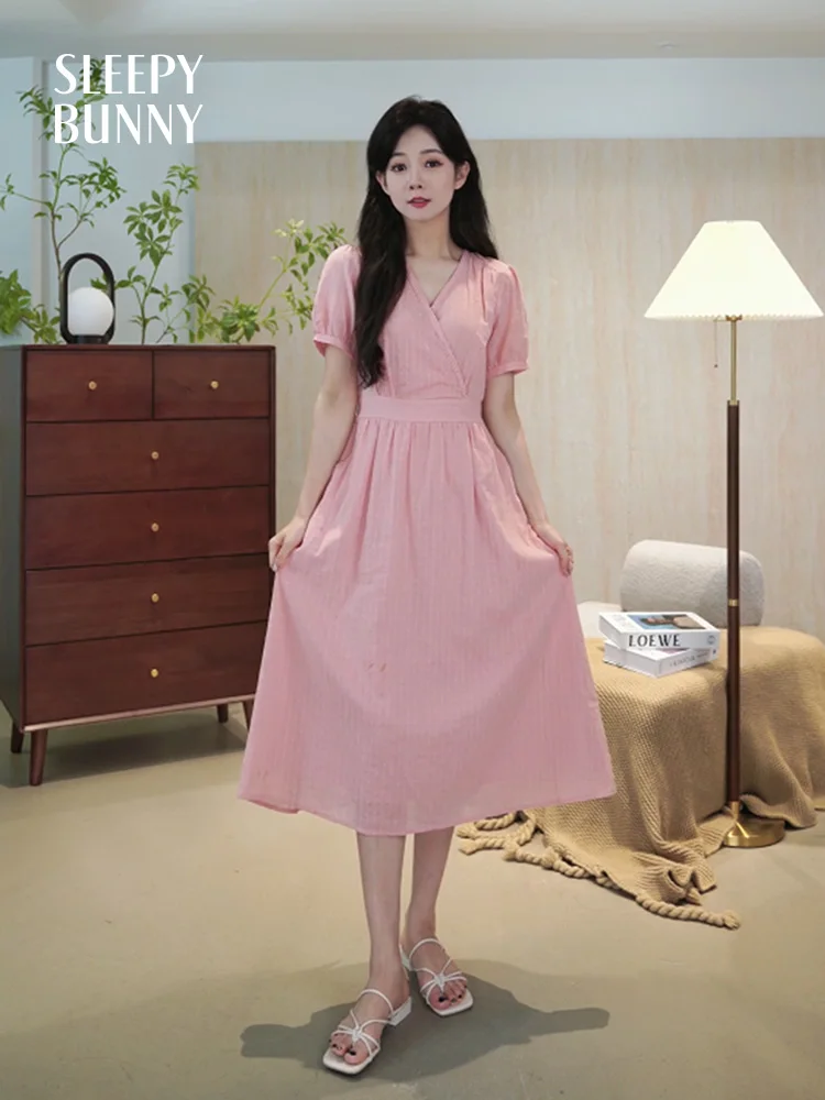 Sweet French Style Short Sleeve Dress Women Summer Elegant Ruched Waist Long Dress Cute High Waist A-Line Flowy Midi Skirt Look