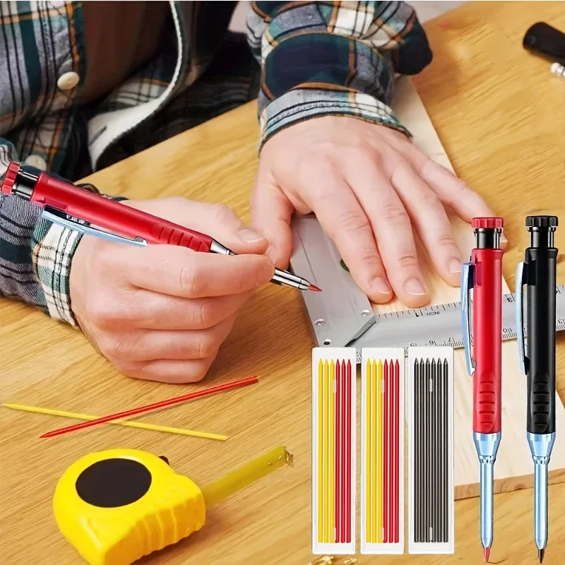 솔리드 목수용 연필 세트 (리필 16개 포함), 2.8mm 딥홀 기계식 연필 마커, 건축용 연필, 목공용 드래프팅 연필