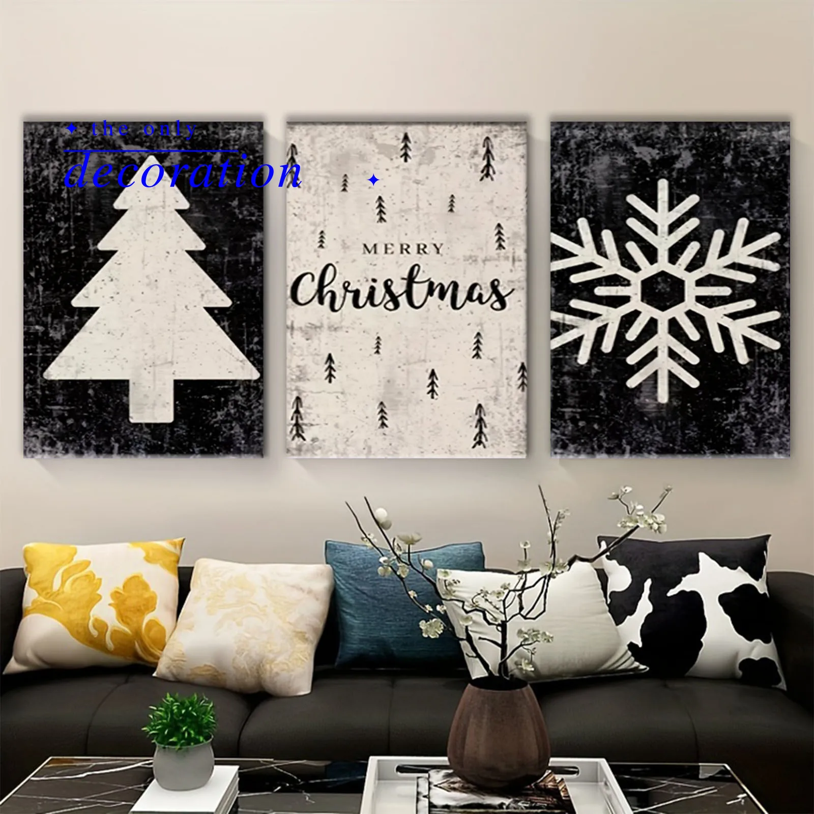 3PCS wood frame canvas wall art -Merry Christmas tree snowflake artmodern art prints, bright aesthetic decoration for living