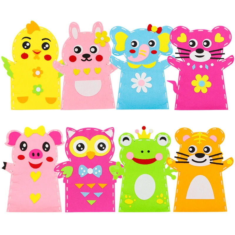 Children DIY Cartoon Hand Puppet Craft Toys Cute Animal Theme Tiger Elephant Non-Woven Handicrafts Handmade Paste Material Kits