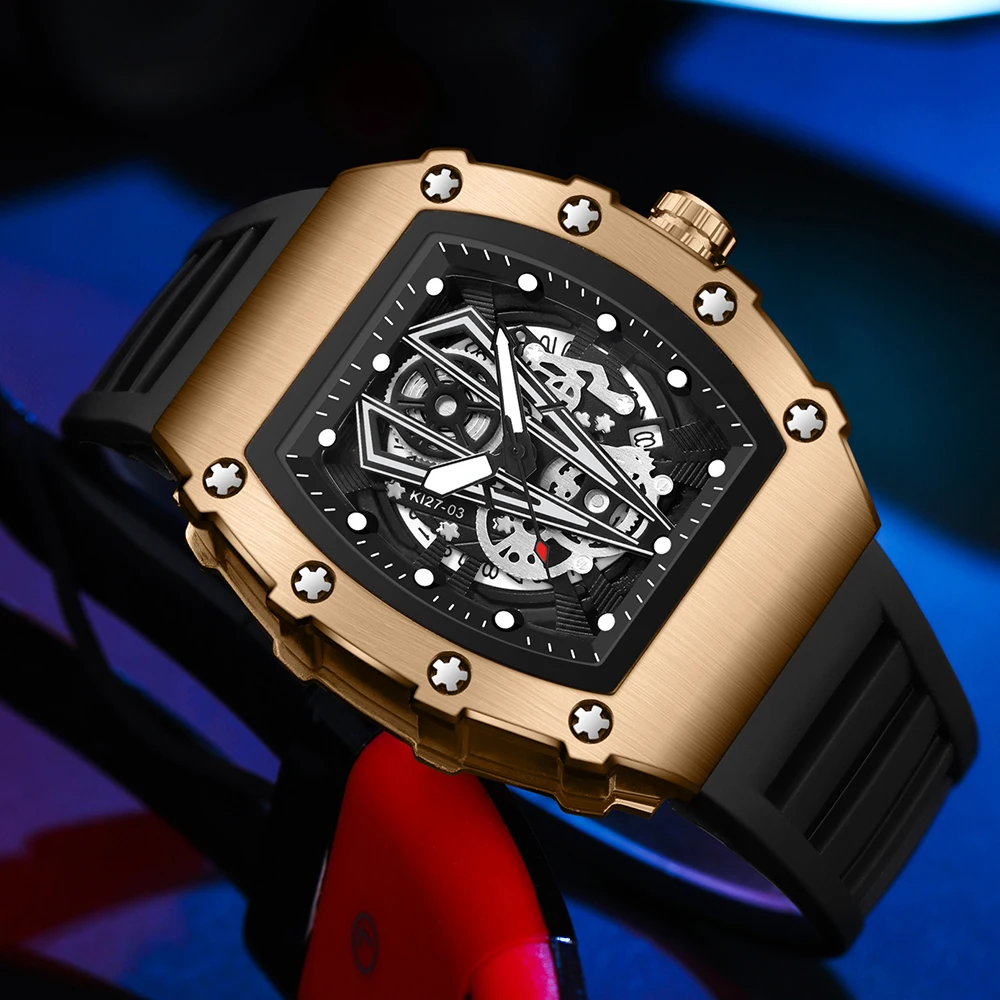 2024 Luxury Brand Watch for Men Automatic Mechanical Silicone Band Tonneau Skeleton Watches Waterproof Sport Wristwatches Reloj