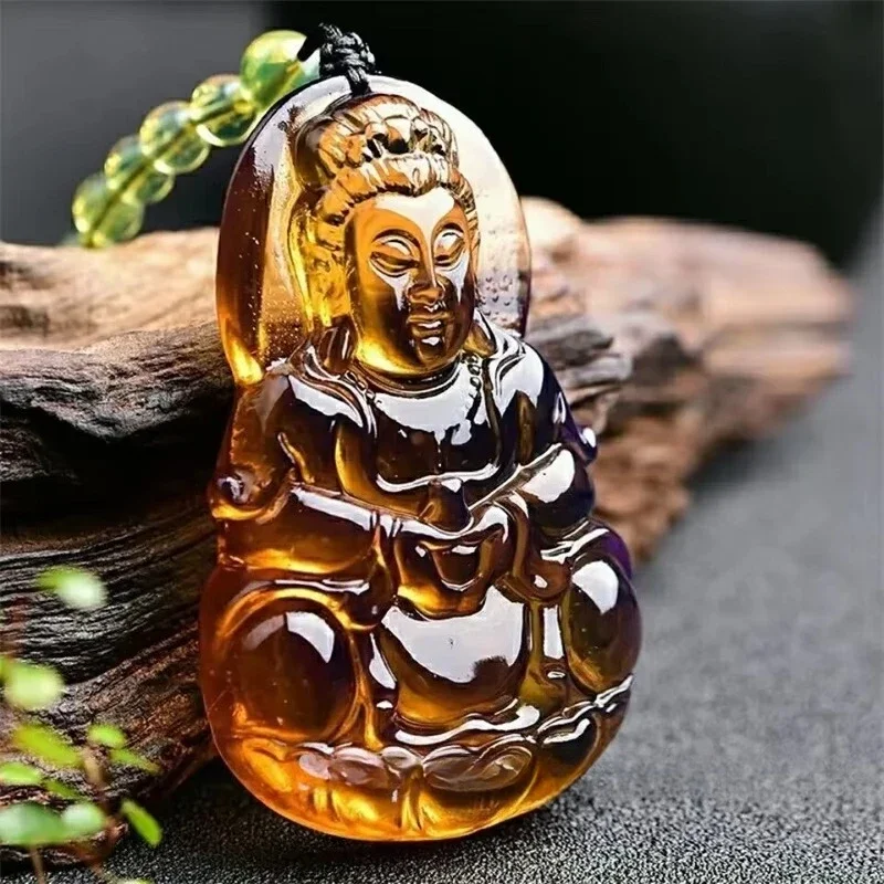 

Buddha Necklace Natural Domi Blue Potter Pendant Sweater Chain Raw Mineral Honey Wax Amber Men's Guanyin Necklace Pendant