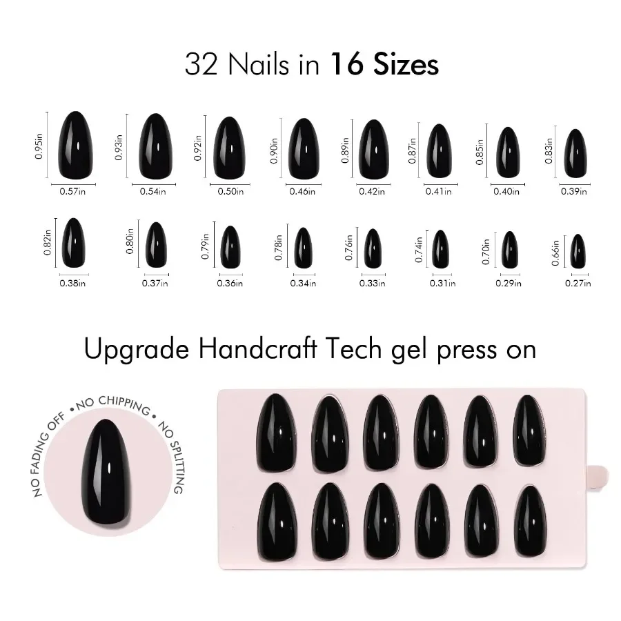 Press on Nails Kit per unghie con finitura crema nera solida di mandorla media per donne Unghie finte in gel morbido opaco riutilizzabile con colla per cuticole