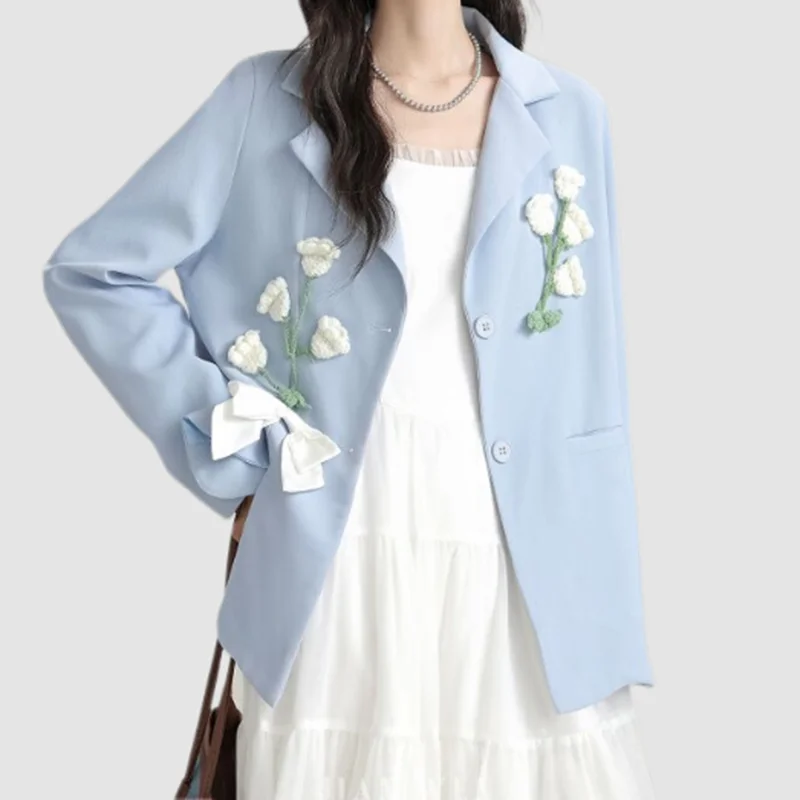 French blue design sense suit jacket women's spring new fashion temperament three-dimensional flowers high sense suit.