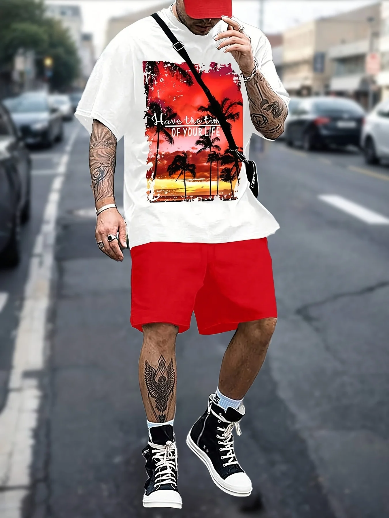 

Летний мужской костюм 2026 года – уличный повседневный стиль, комфортный, мягкий, дышащий, легкий, с 3D-принтом в виде кокосовой пальмы