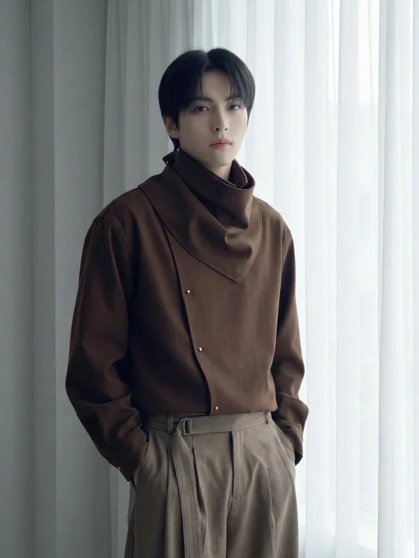 

TANGZ STUDIO New Chinese Sle Men's Long Sve Detachable awl Collar Woolen irt Zen Spirit Spring Autumn Youth Casual