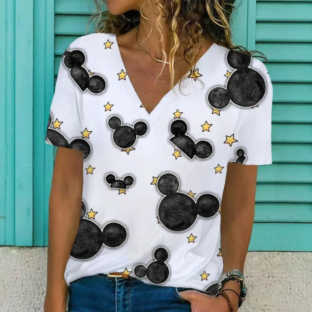 T-shirt imprimé Disney Minnie pour femme, décontracté, col en V, respirant, rue, été