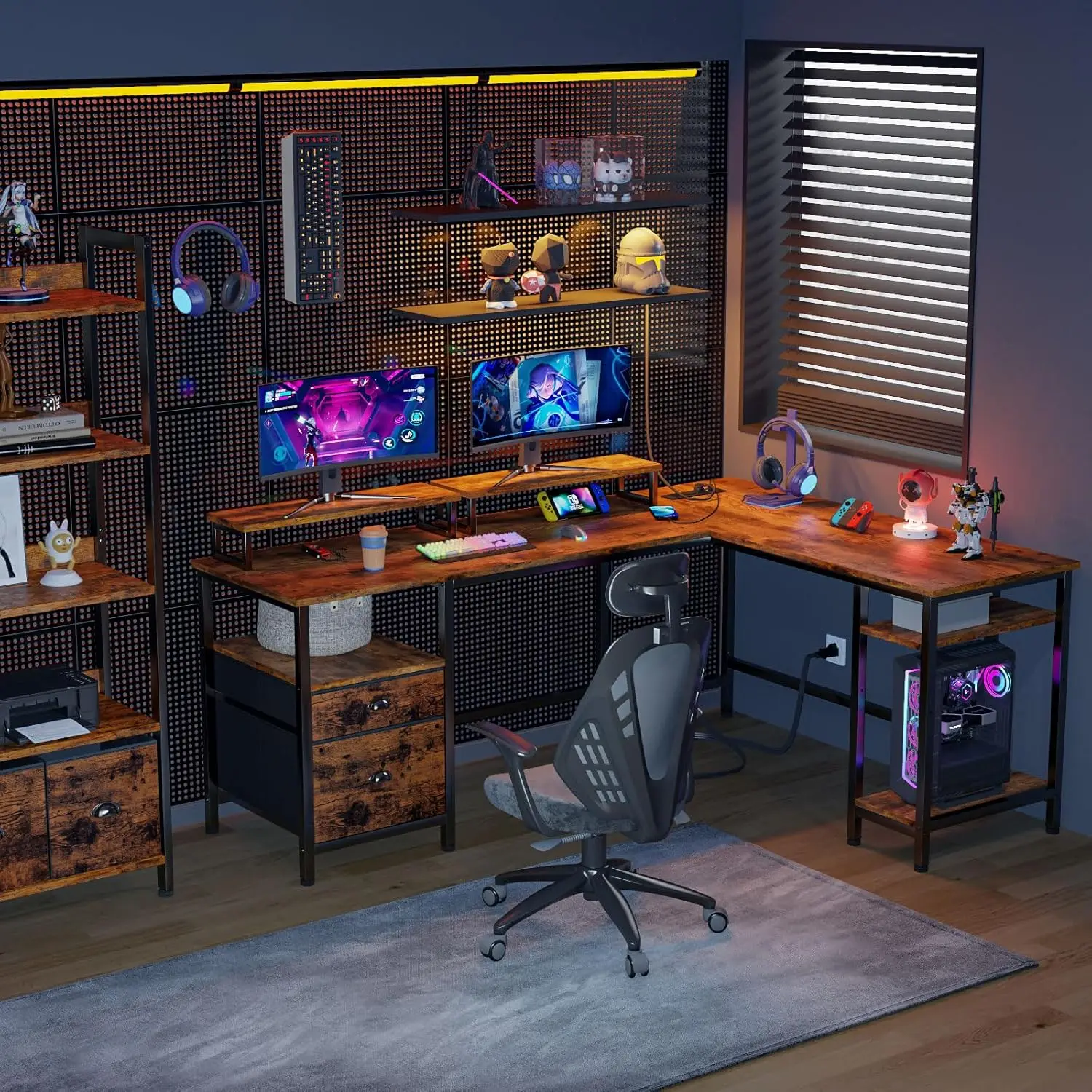 Desk with File Drawer & 2 Monitor Stands, Home Office Desk with Storage Shelves, Corner Desk for Gaming Writing, Rustic Brown