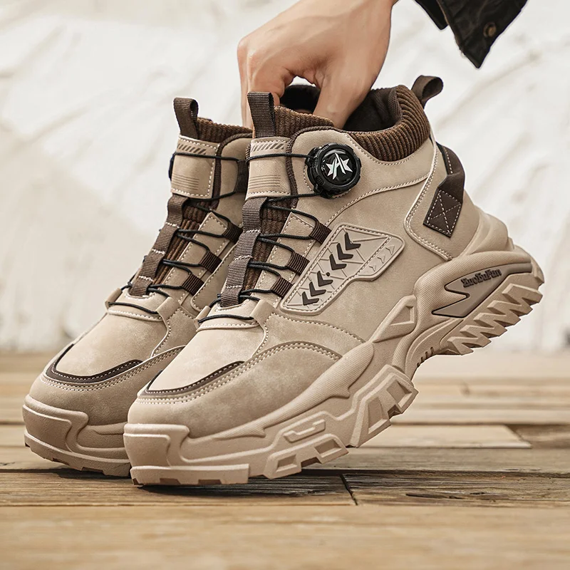 New Autumn-winter Leather High-top Men's Boots Fashionable Rotating Buttoned Boots for Men Suitable for Outdoor Use Hiking Shoes