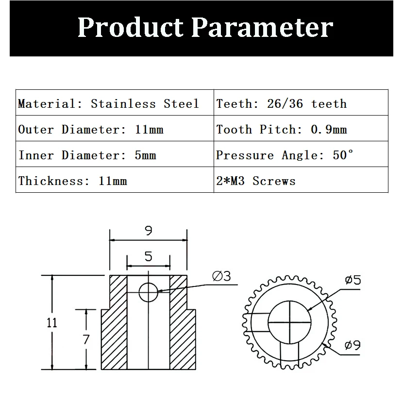 2pcs 26 36 Teeth Bore 5mm MK7 MK8 Extruder Feeder Driver Gear Extrusion Wheel Gear 3D Printer Parts Stainless Steel Teeth Pulley