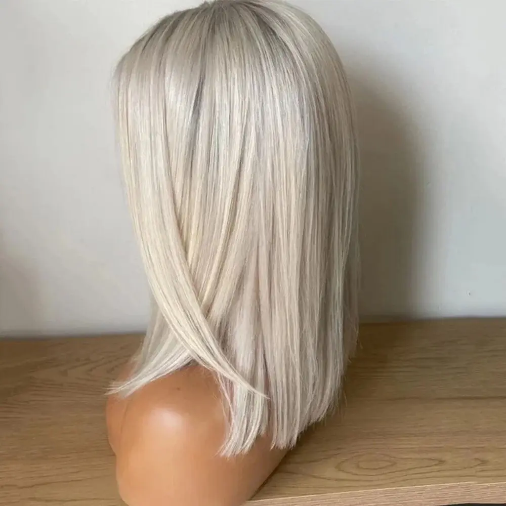 أومبير الأبيض شقراء الاصطناعية الدانتيل شعر مستعار أمامي الجذور الداكنة الطبيعية قبل قطعها شعري مقاومة للحرارة قصيرة مستقيم بوب الألياف الناعمة