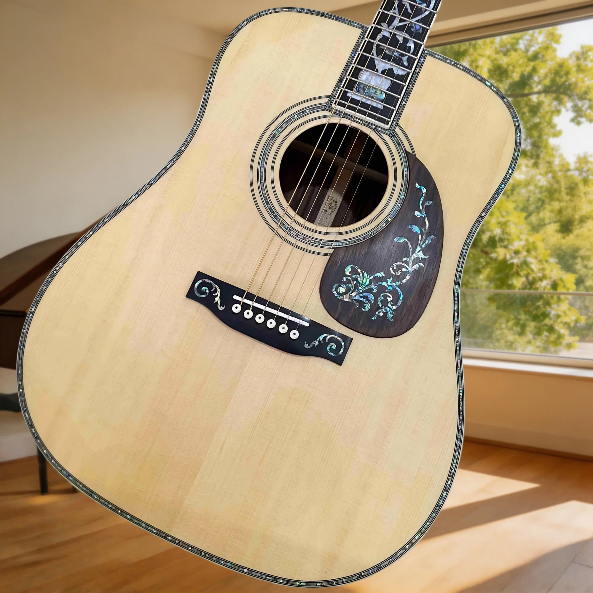 Free Shipping D45 41 Inch Acoustic Guitar Natural Finish Color Block Inlay FolkGuitar Floral Inlay Pickguard WoodGuitar RichTone