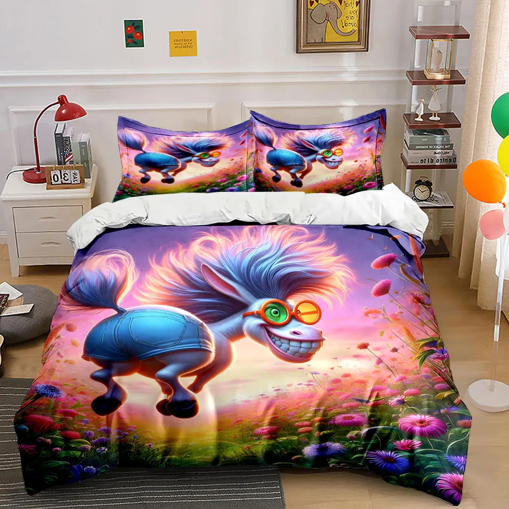 Joyful donkey leaping in flower field Bedding Set for Kids Luxury Gift 3pcs Digital Print Comforter Set Soft Comfortable