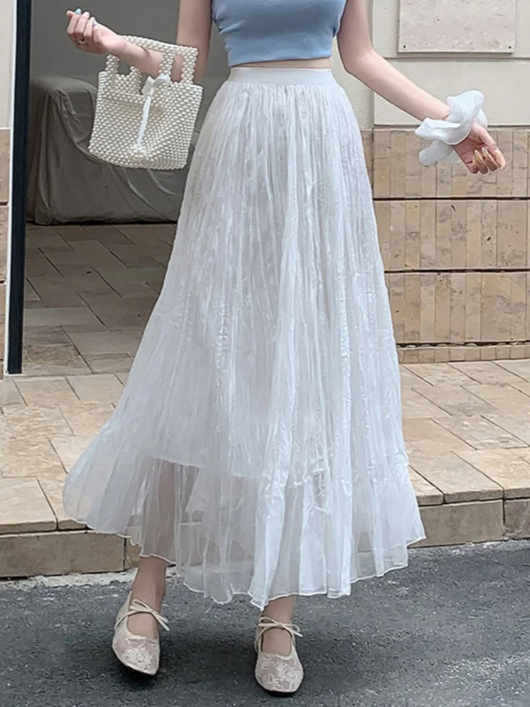 

French Gentle Style Pleated Chiffon Skirt High Waist Elegant Versatile A-line Skirt Women's Big Swing Solid Umbrella Skirt