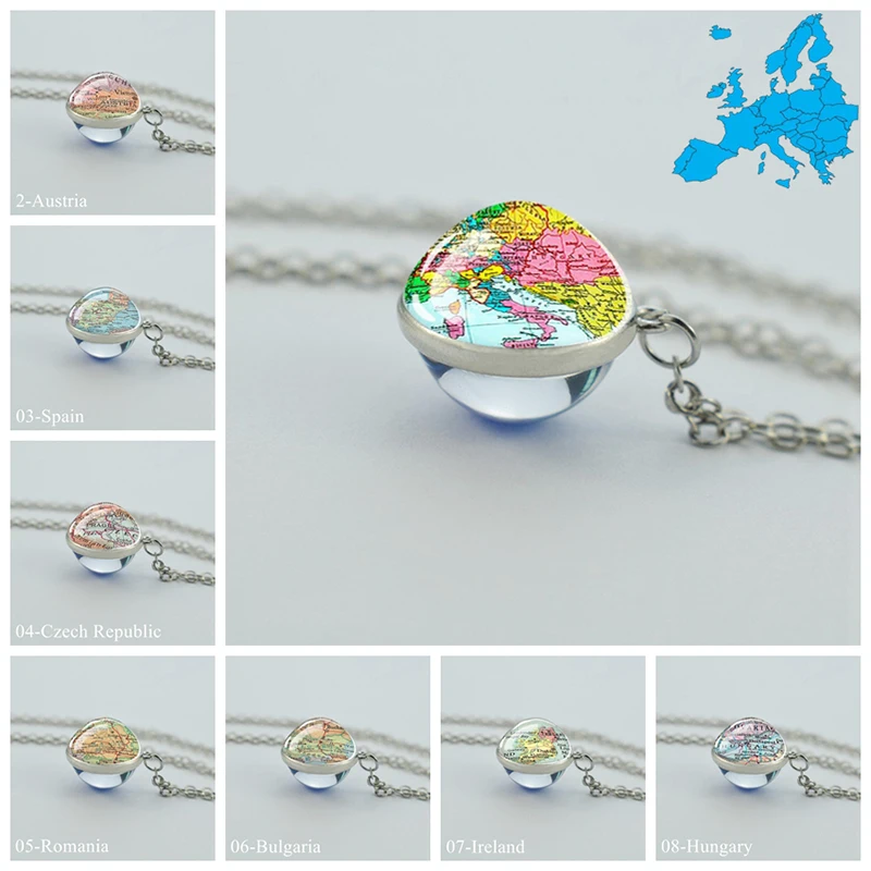 European Countries Map Necklace France Spain Poland Germany Poland Italy Vintage Map Glass Ball Pendant Necklace Travel Gift