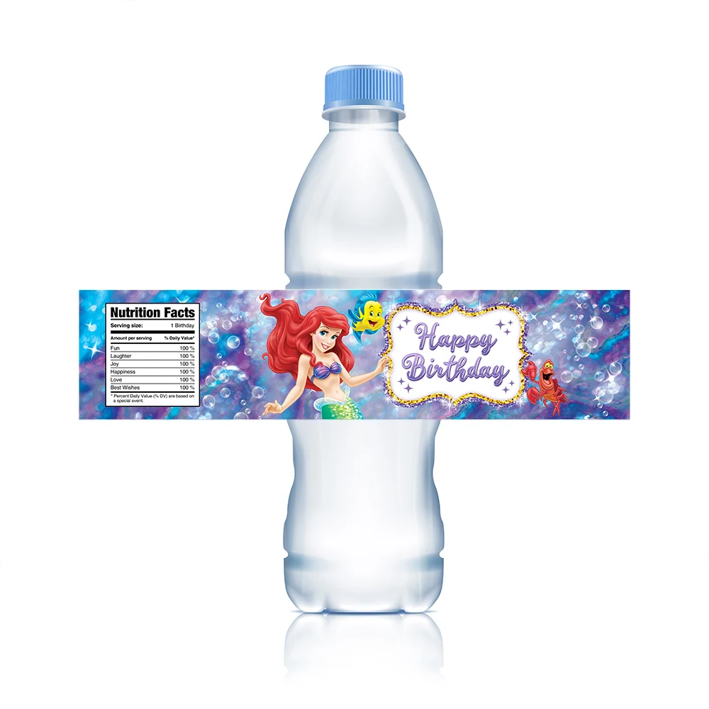 Disney Ariel La Sirenetta Etichette per bottiglie d'acqua Adesivi Decorazioni per la tavola di compleanno per ragazze per forniture per feste per baby shower