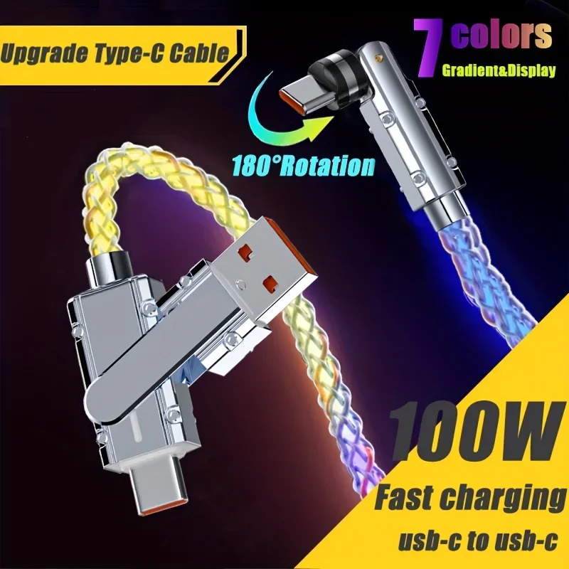 100W 6A Fast Charging Data Cable 2 In 1 Type-C RGB Luminous 540-degree Rotating Seven Color Gradient Cheargr Cable