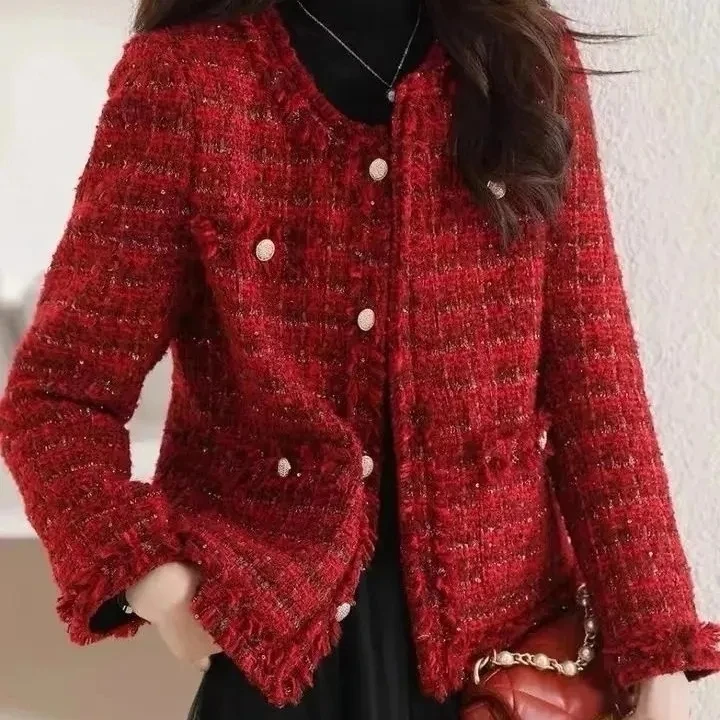 

Vintage Red Tweed Coat Women's 2024 Autumn/Winter New French Vintage Loose and Versatile Show Thin Temperament Woolen Jacket Fem