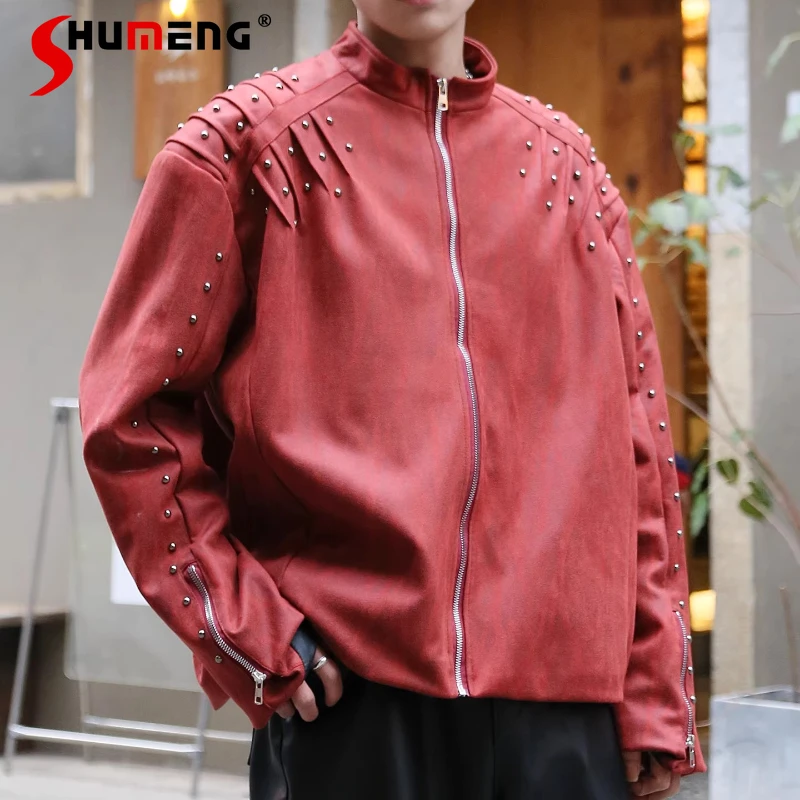 

Мужские демисезонные куртки 2026 года: Новинка, воротник-стойка, стильные топы с металлическими заклепками и накладками на плечах, высококачественные однотонные пальто с длинными рукавами