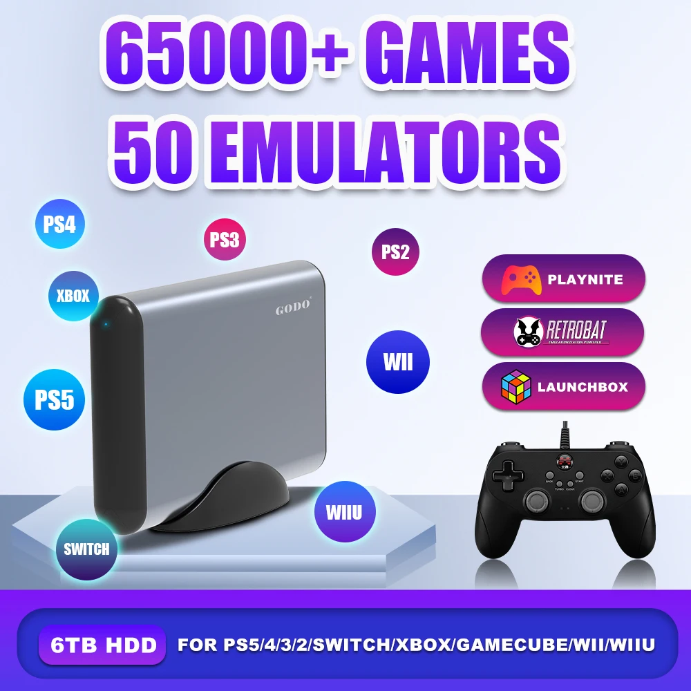 

Портативный игровой HDD емкостью 6 ТБ для игровой консоли PS5/Switch/Xbox/PS4/PS3/PS2/Wii/WiiU с 65000 + Gmes Playnite,Launchbox и ретробатом