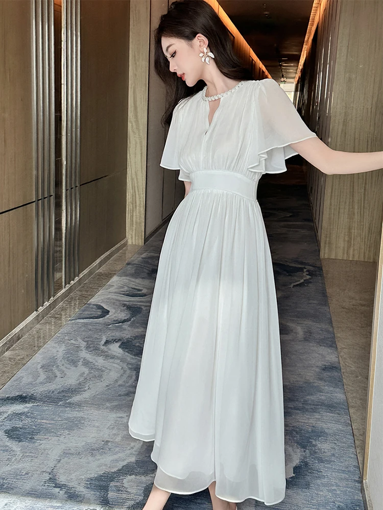 French Holiday Vacation Dress Women Sweet Fairy White Chiffon Cut Out Pleated Swing Long Robe Female Seaside Party Date Vestidos