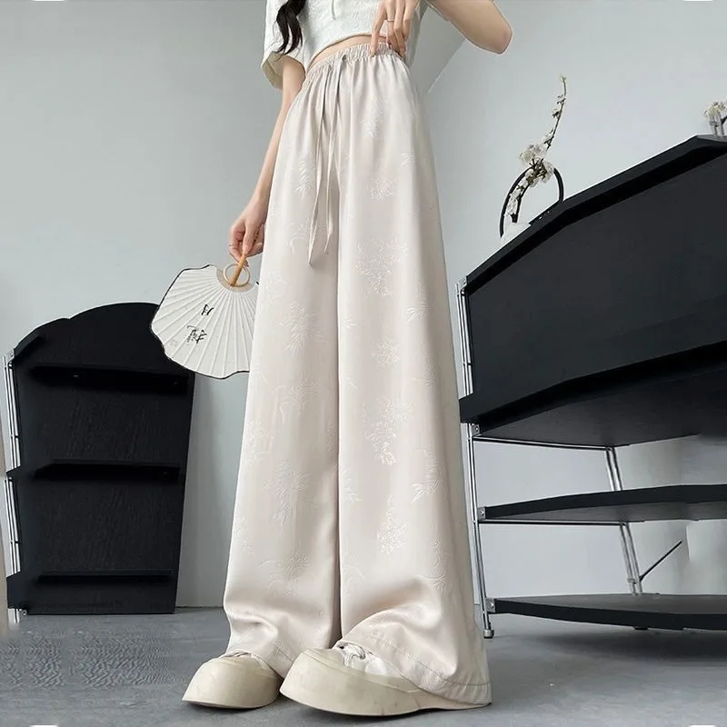 Solid Pants Women Summer Chinese Style Thin Floral High Waist Baggy Straight Casual All-match Daily Slim Temperament Elegant