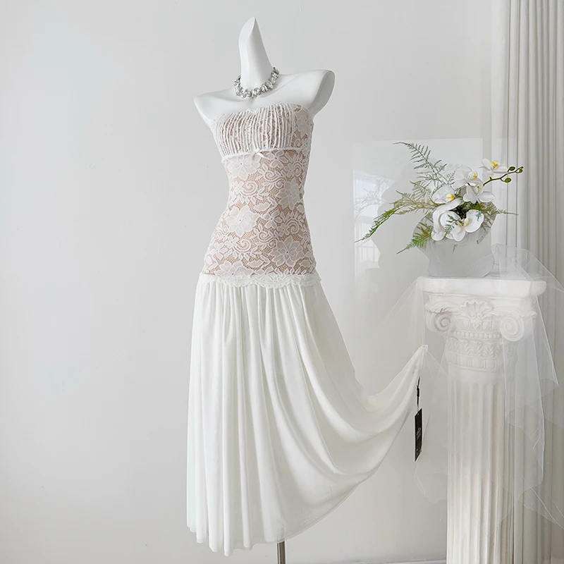 

Women's Long Dress Strapless Lace Embroidred A-Line Dress High Waist Patchwork White Dress Female 2026 New Fashion Sexy Dresses
