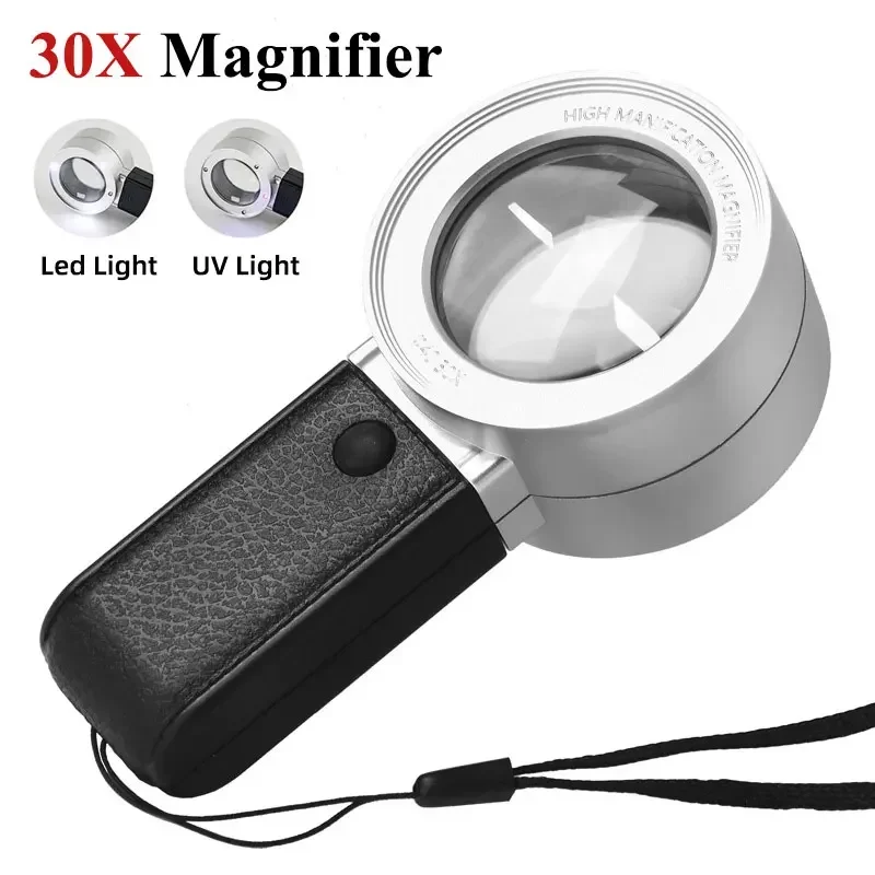 

30X Magnifying Glass with LED UV Light Professional Duel Layer Optical Glasses Lens Handheld Magnifier Jewelry Loupe for Senior